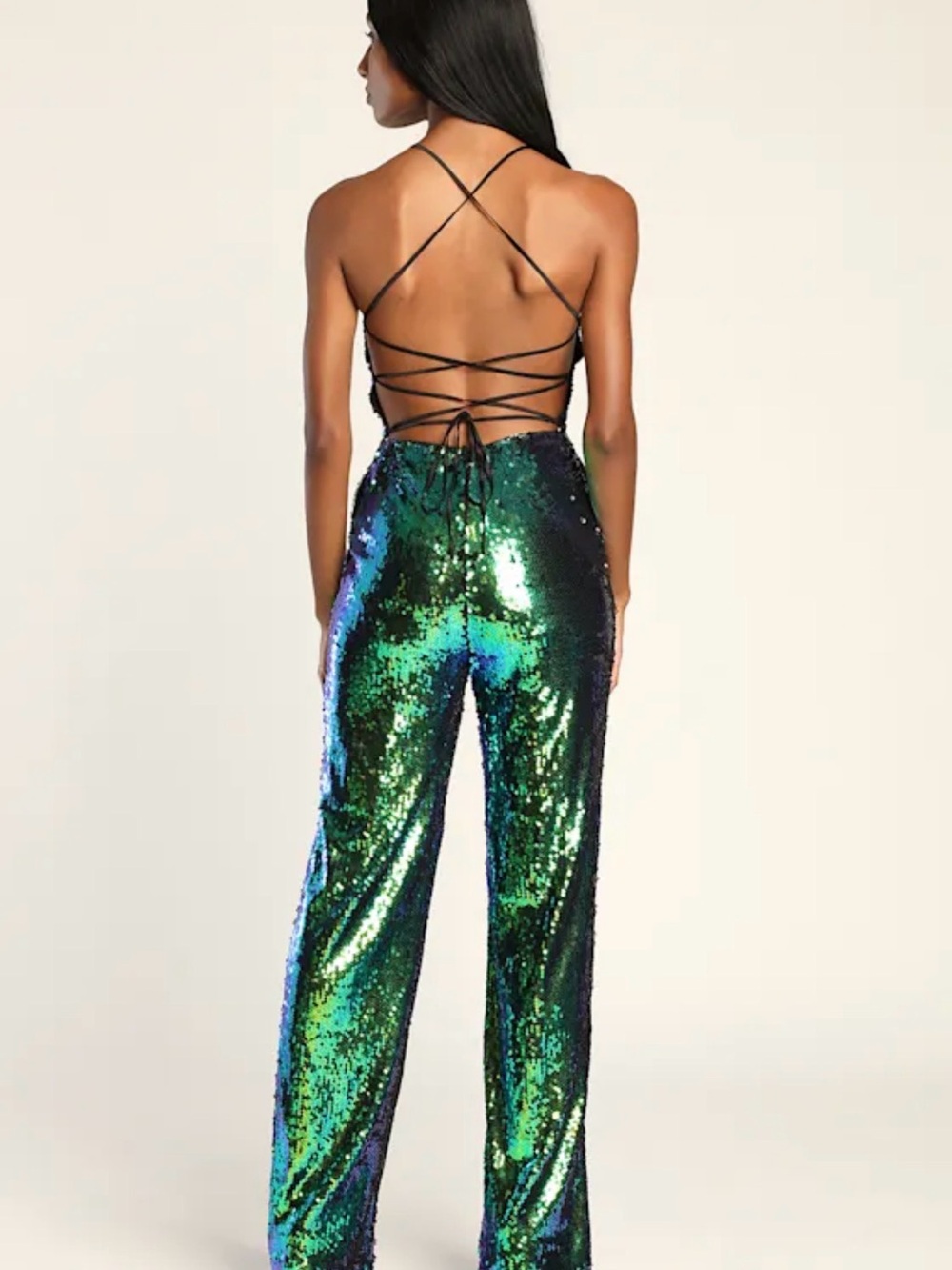Lulu's Iridescent Sequin V-Neck Wide-Leg Jumpsuit in Green-Blue - Picture 2 of 7
